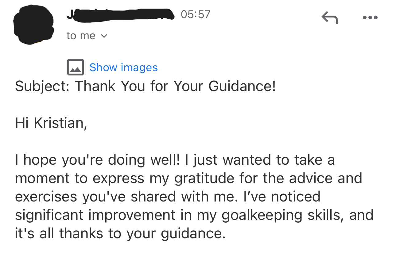 Email testimonial about goalkeeping improvement